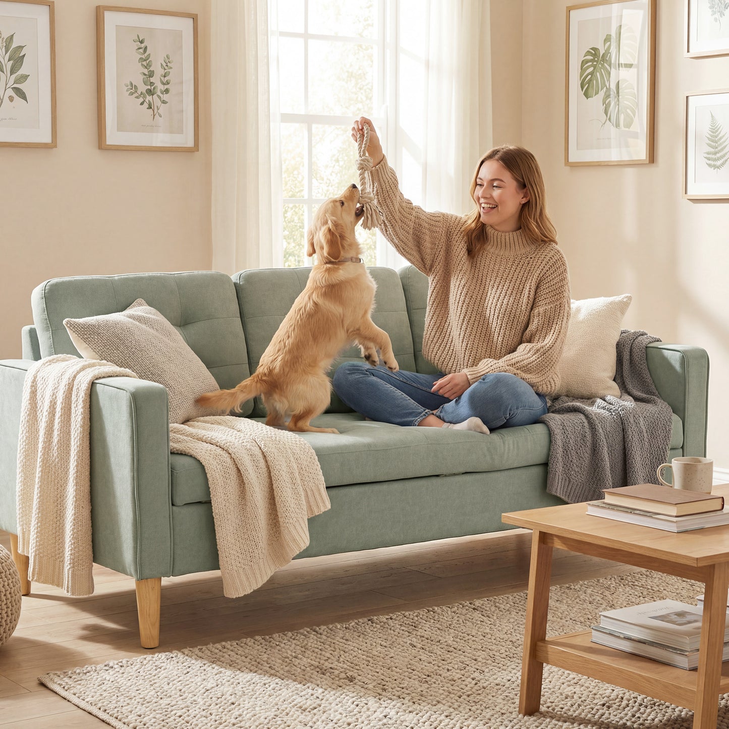 HOMCOM 3 Seater Sofa, 169cm Couch with Hidden Storage, Wood Legs, Light Grey