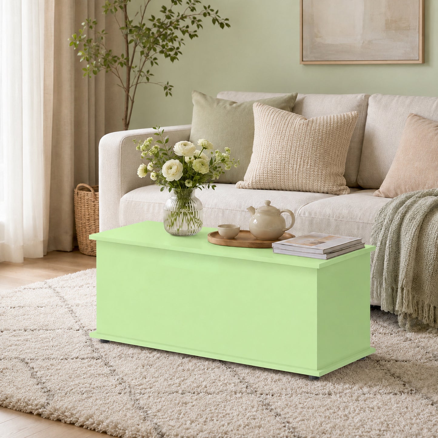 HOMCOM 114L Large Storage Chest, Green Bench Trunk with Safety Hinge for Bedroom, Living Room & Entryway