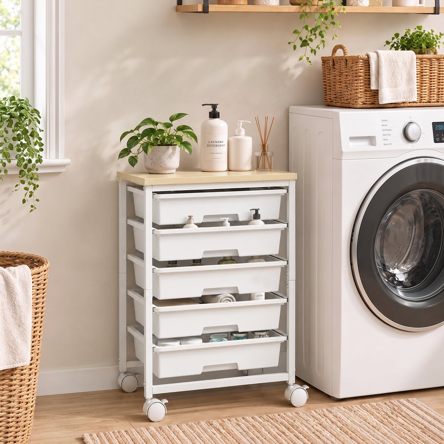 HOMCOM 6-Tier Storage Trolley on Wheels, Metal Kitchen Rolling Cart with 5 Pull-Out Drawers, White