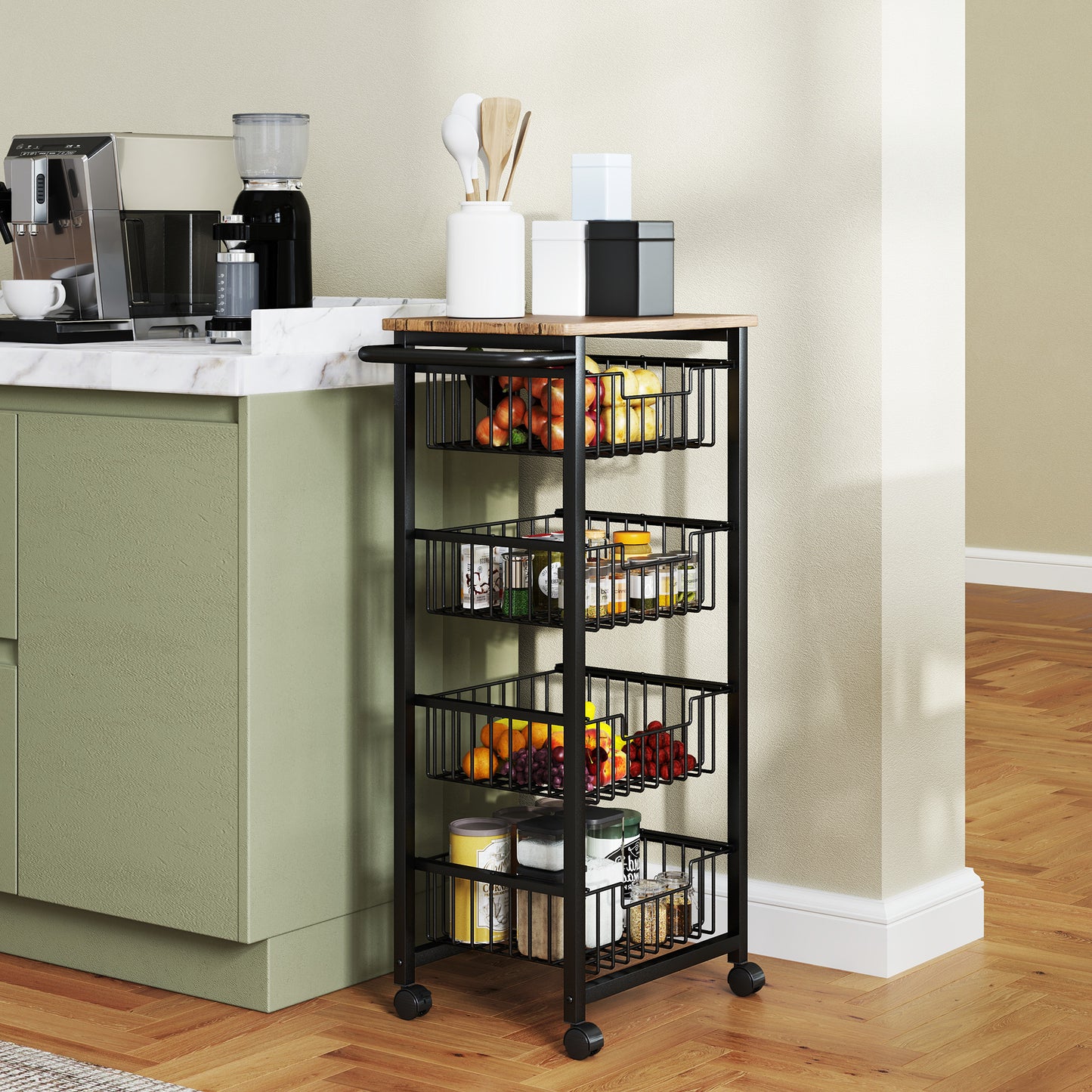 HOMCOM Four Basket Mobile Kitchen Island, with Brakes - Oak/Black