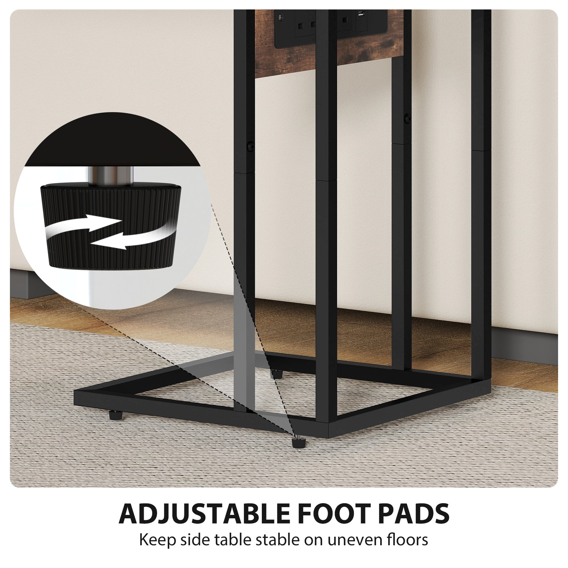 HOMCOM C Shaped Side Table with Charging Station and Foldable Top - Rustic Brown