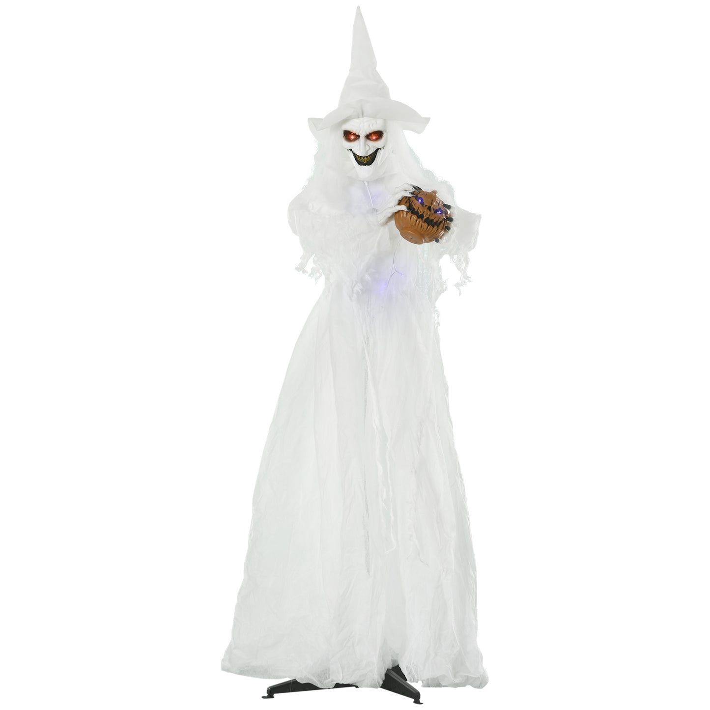 Outsunny 74 Inch Halloween Decorations White Witch Holding Pumpkin Head, Standing Skeleton Ghost Prop Life Size with Light Up Eyes and Body Default Title