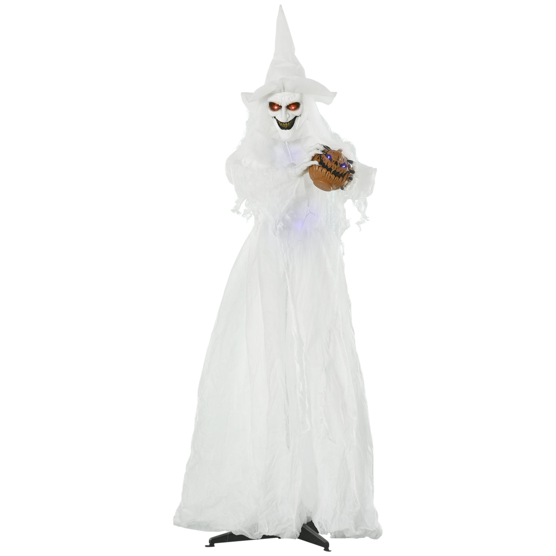 Outsunny 74 Inch Halloween Decorations White Witch Holding Pumpkin Head, Standing Skeleton Ghost Prop Life Size with Light Up Eyes and Body Default Title
