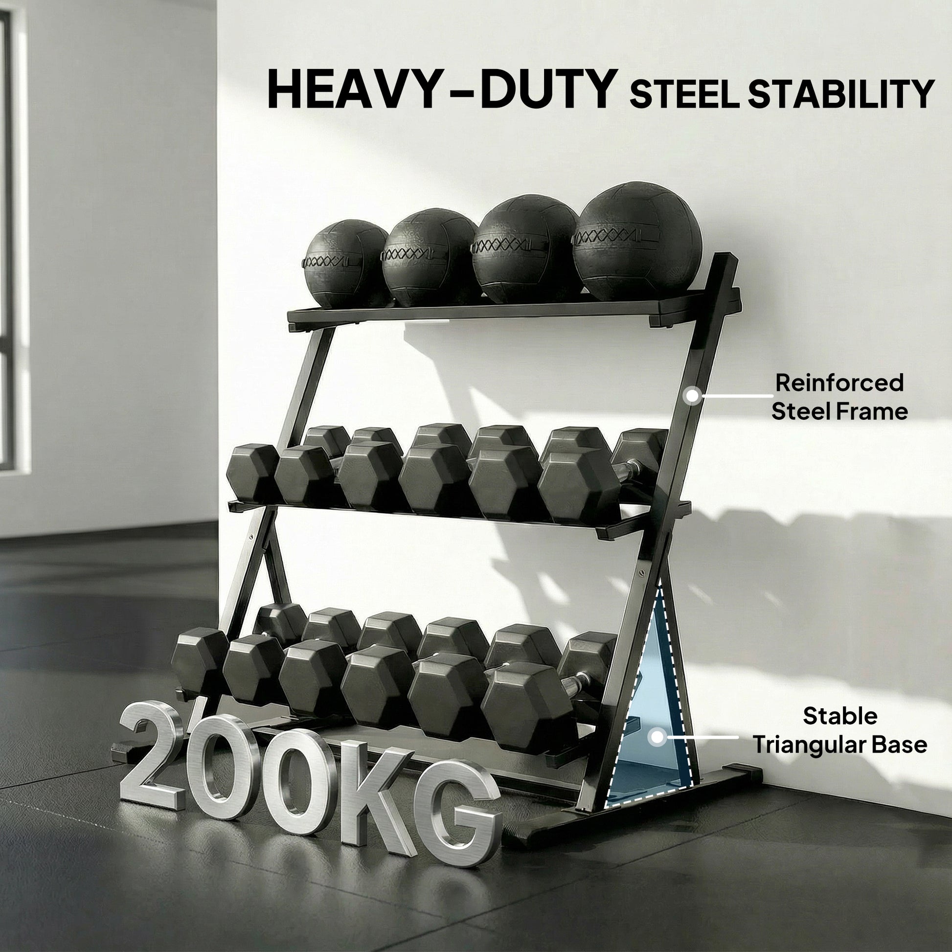 SPORTNOW 3-Tier Adjustable Dumbbell Rack, Heavy-Duty Weight Rack for Dumbbells, Kettlebells and Multiple Balls, Space-Saving Weight Storage Stand for Home Gym, 200 KG Capacity