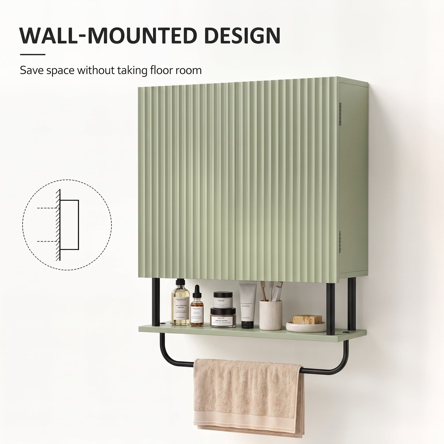 HOMCOM Bathroom Wall Cabinet Modern Space Saver Wall Mounted Cabinet Doors Storage Green