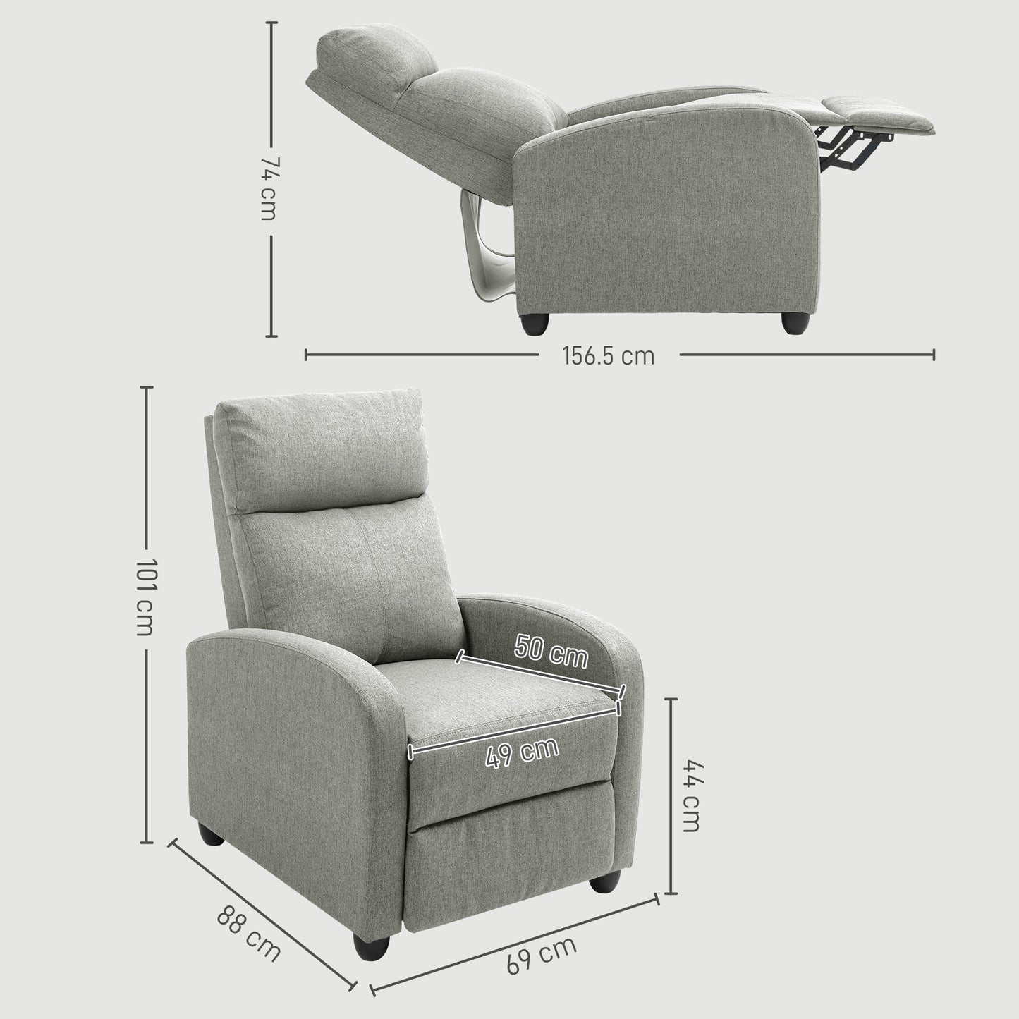 HOMCOM Push Back Recliner Armchair, with Footrest - Grey