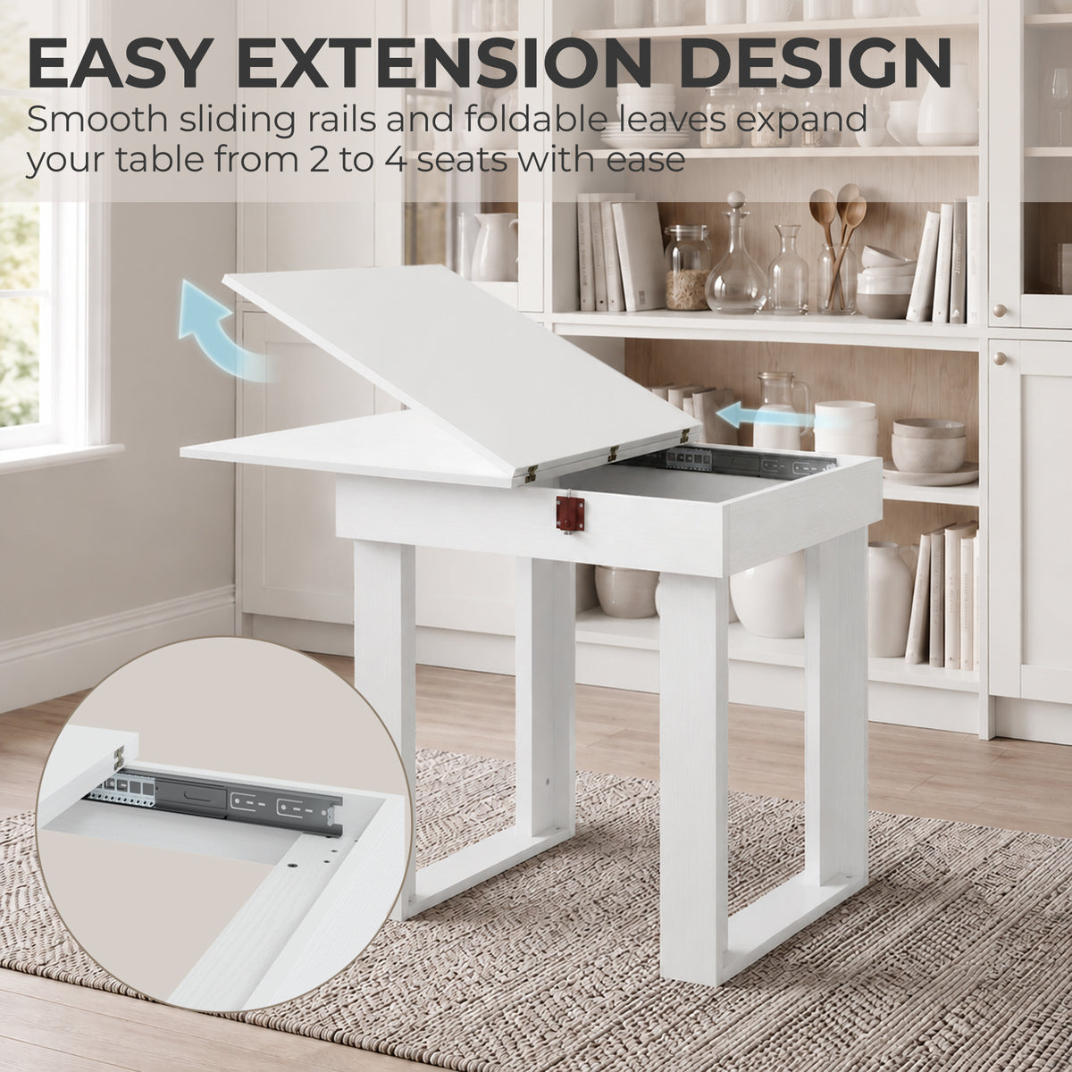 HOMCOM Folding Dining Table Under-Table Storage Extendable Kitchen Table Steel Rail White