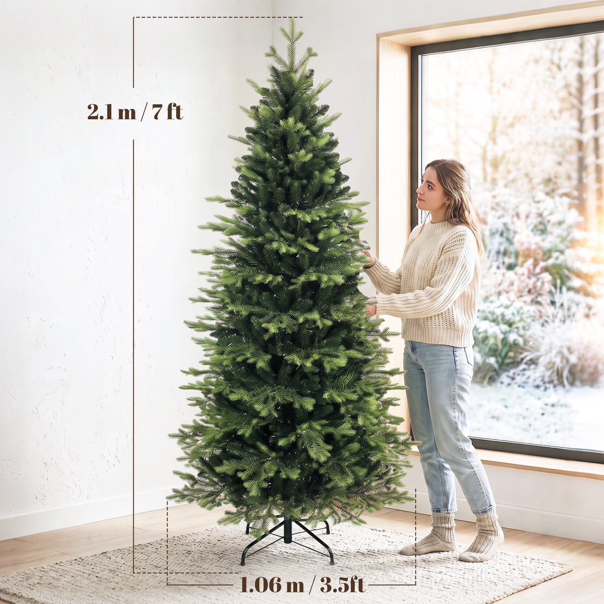 HOMCOM Geneva Fir Hinged Xmas Tree, 7ft/210cm Artificial Christmas Tree with 2079 Branch Tips, Foldable Steel Stand, Green