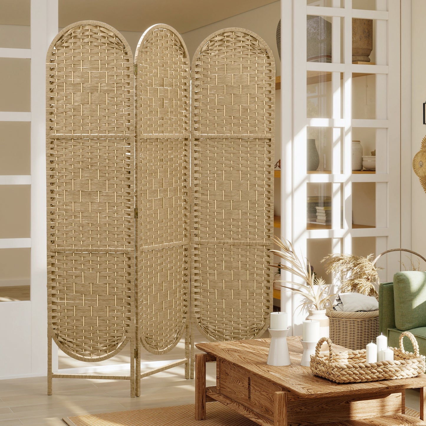 HOMCOM Indoor Oval 3-Panel Room Divider 120 x 170 cm Folding Lightweight Woven Partition, Natural Wood