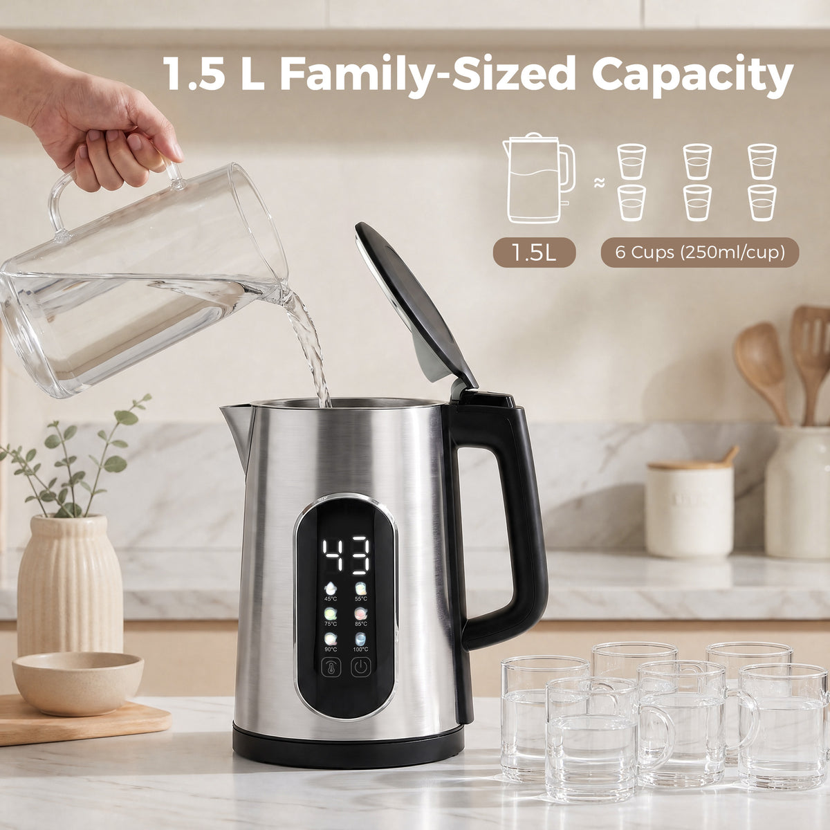 HOMCOM 1.5L Electric Kettle, 3000W Fast Boil Water Kettle with LED Touch Control, Strix Thermostat, Keep Warm Function
