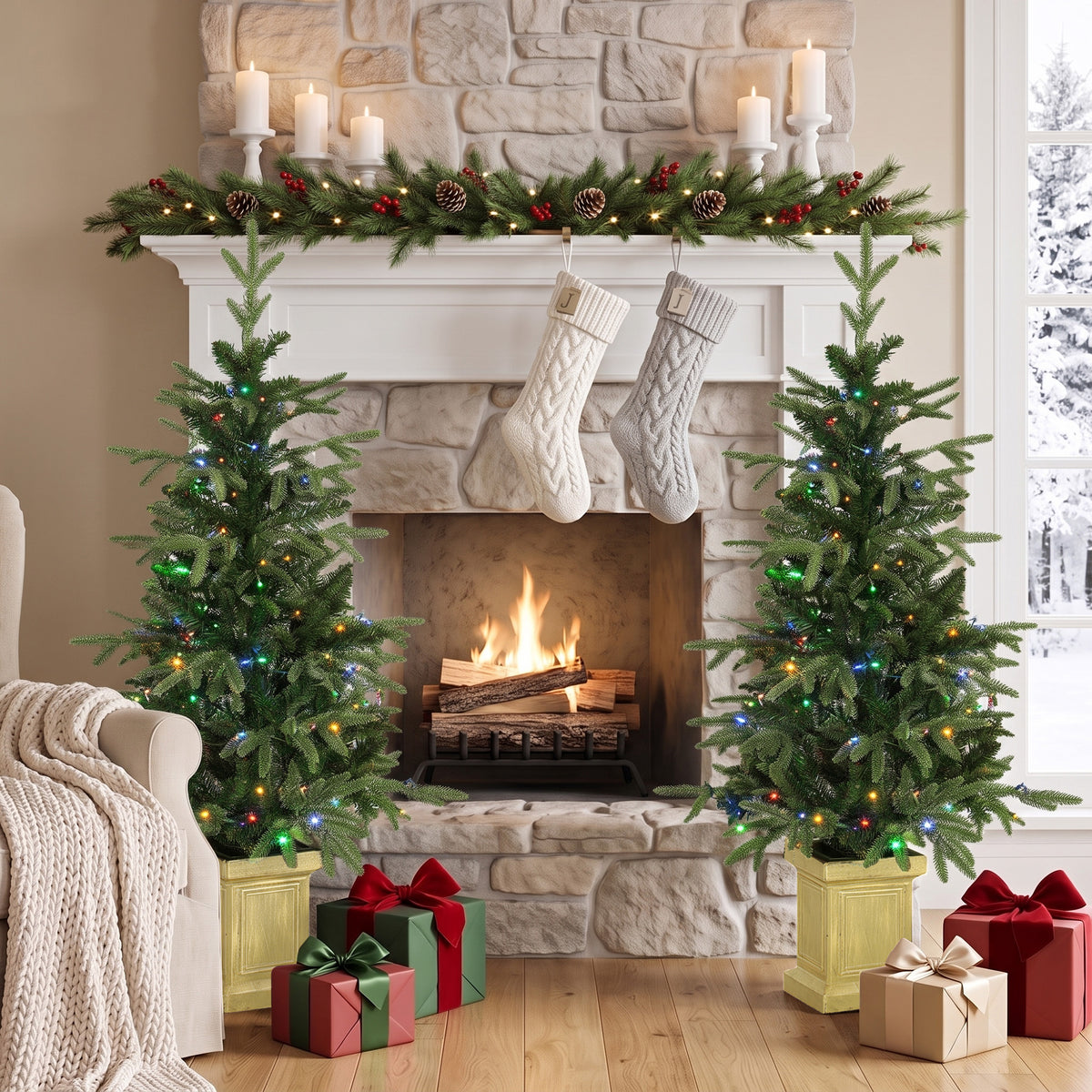 HOMCOM Set of 2 Prelit Christmas Trees with Dual-Colour LEDs, Remote, 4ft Artificial Aspen Fir Battery-Operated, 11 Modes, Pot