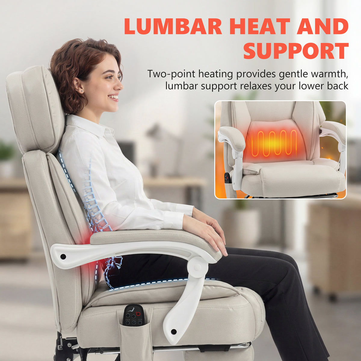 HOMCOM Office Chair with Massage, Heat, Adjustable Headrest, Leathaireâ€Œ Reclining Desk Chair with Footrest, Cream White