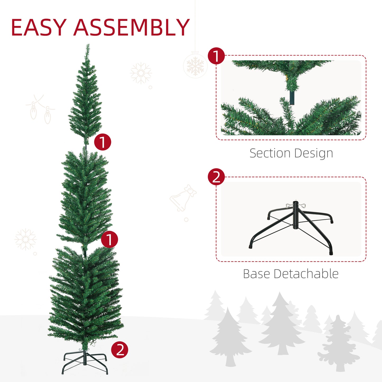 HOMCOM 7.5' Artificial Prelit Christmas Trees Holiday DÃ©cor with Colourful LED Lights, Pencil Shape, Steel Base