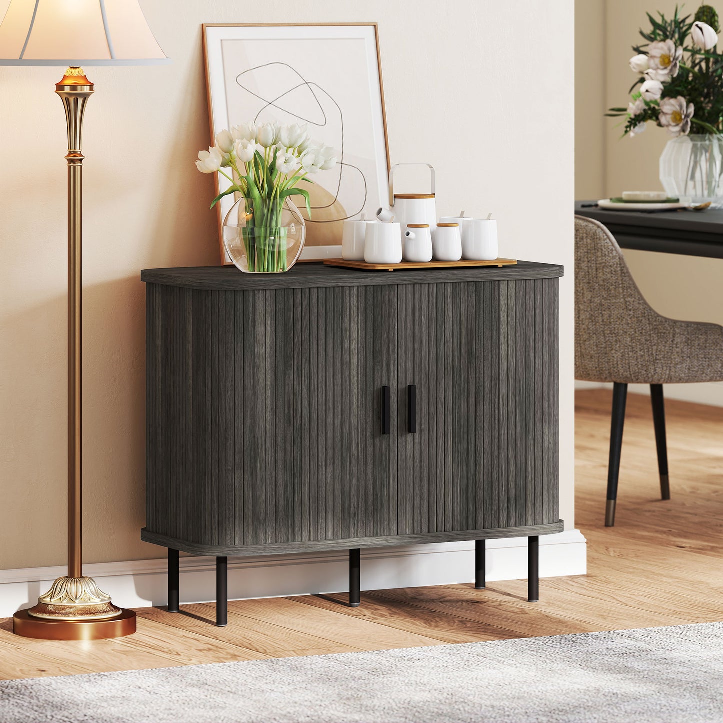 HOMCOM Mid-Century Modern Sideboard Storage Cabinet with Slatted Tambour Sliding Doors, Kitchen Cabinet with Steel Legs, Grey