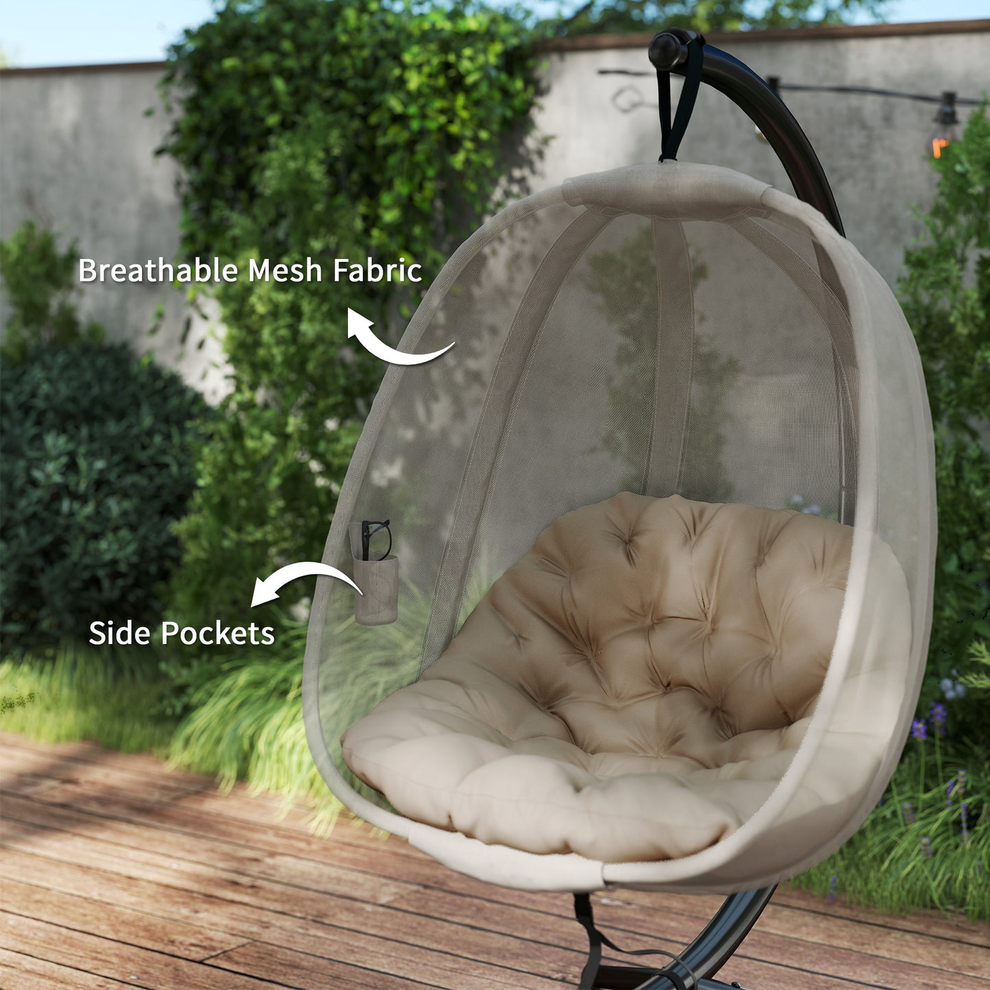 Outsunny Hanging Egg Chair, Folding Texteline Swing Hammock with Side Pocket, Cushion and Stand for Indoor Outdoor, Patio Garden Furniture, Khaki