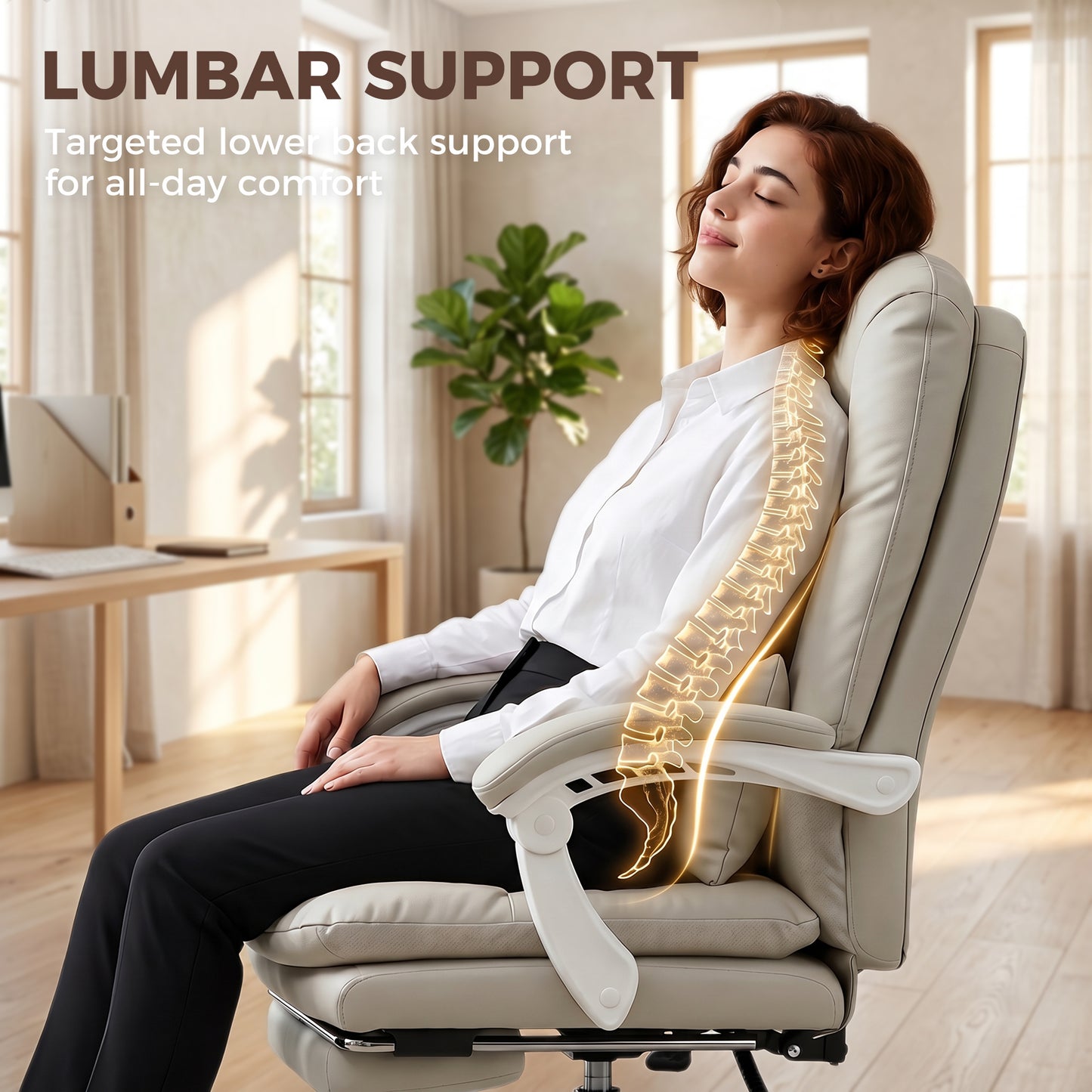 HOMCOM Ergonomic Executive Office Chair, Velvet Reclining Desk Chair with Lumbar Support, Footrest, Plush Thick Cushion, Khaki