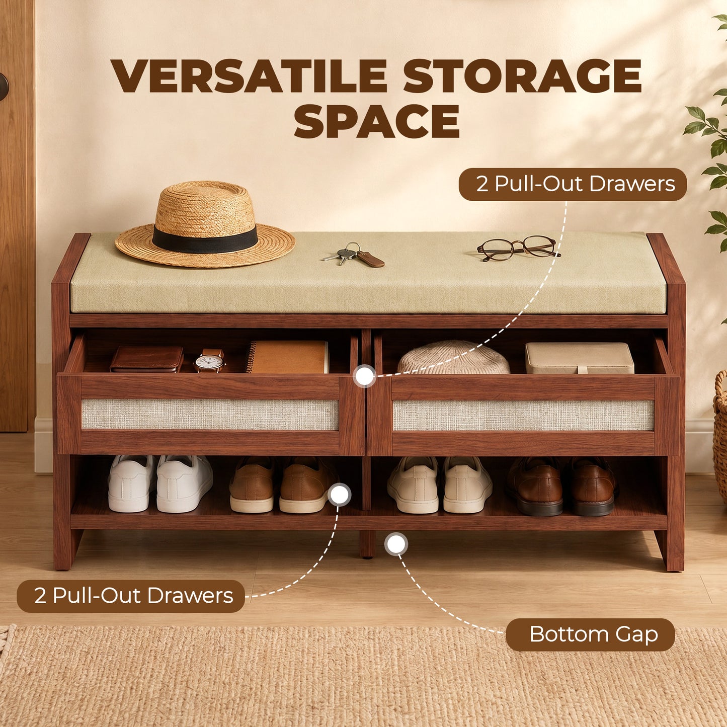 HOMCOM Boho Shoe Bench with 2 Rattan Drawers, Shoe Storage Bench with Cushioned Seat and Open Shelf Brown