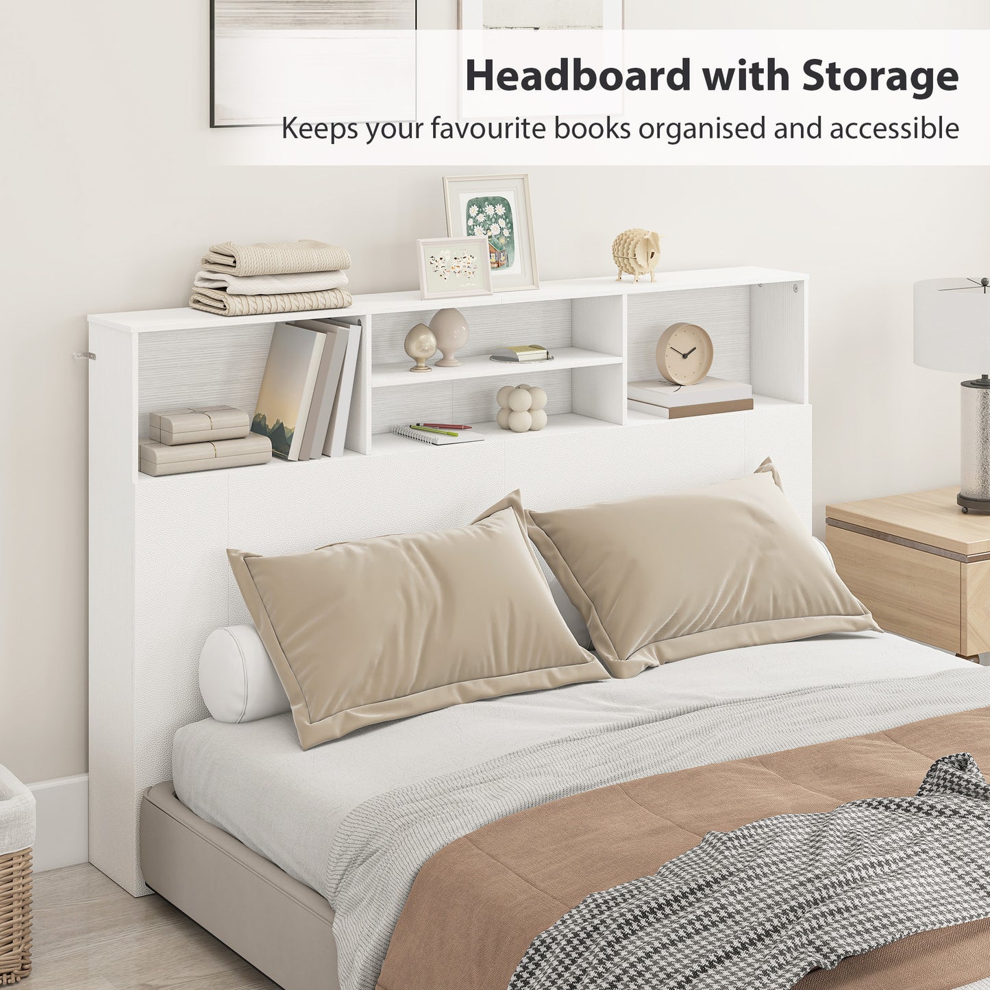 HOMCOM King-Size Headboard with Storage, Freestanding Bed Headboard with 4 Open Compartments for Bedroom, White