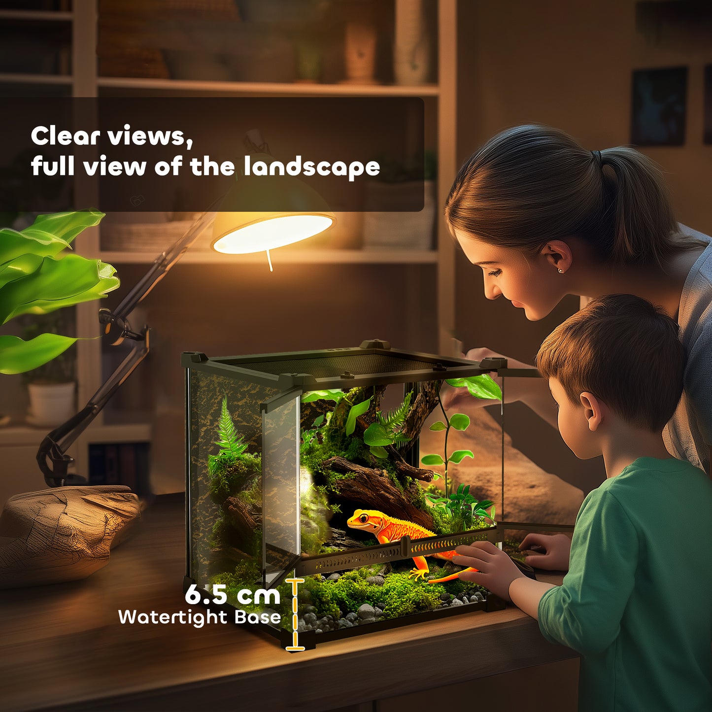 PawHut Reptile Glass Terrarium with Stone Background, Front Ventilation, Escape-Proof Knob Lock, 30 x 30 x 30 cm, Black