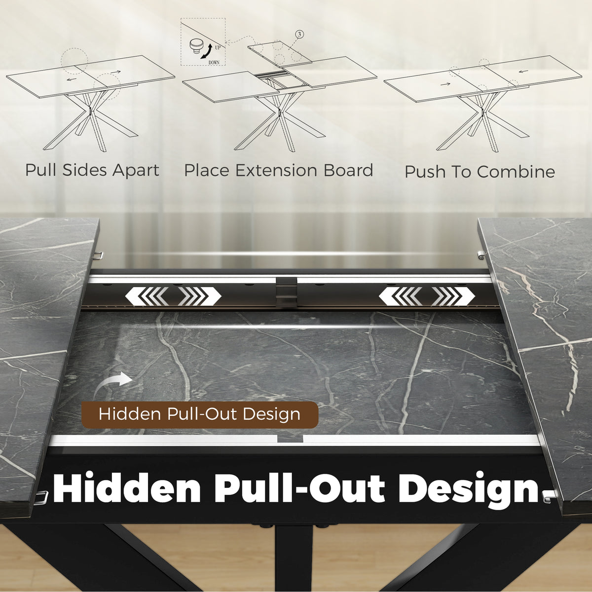 HOMCOM Extendable Dining Table Steel Cross Legs Steel Rails Space Saving Black