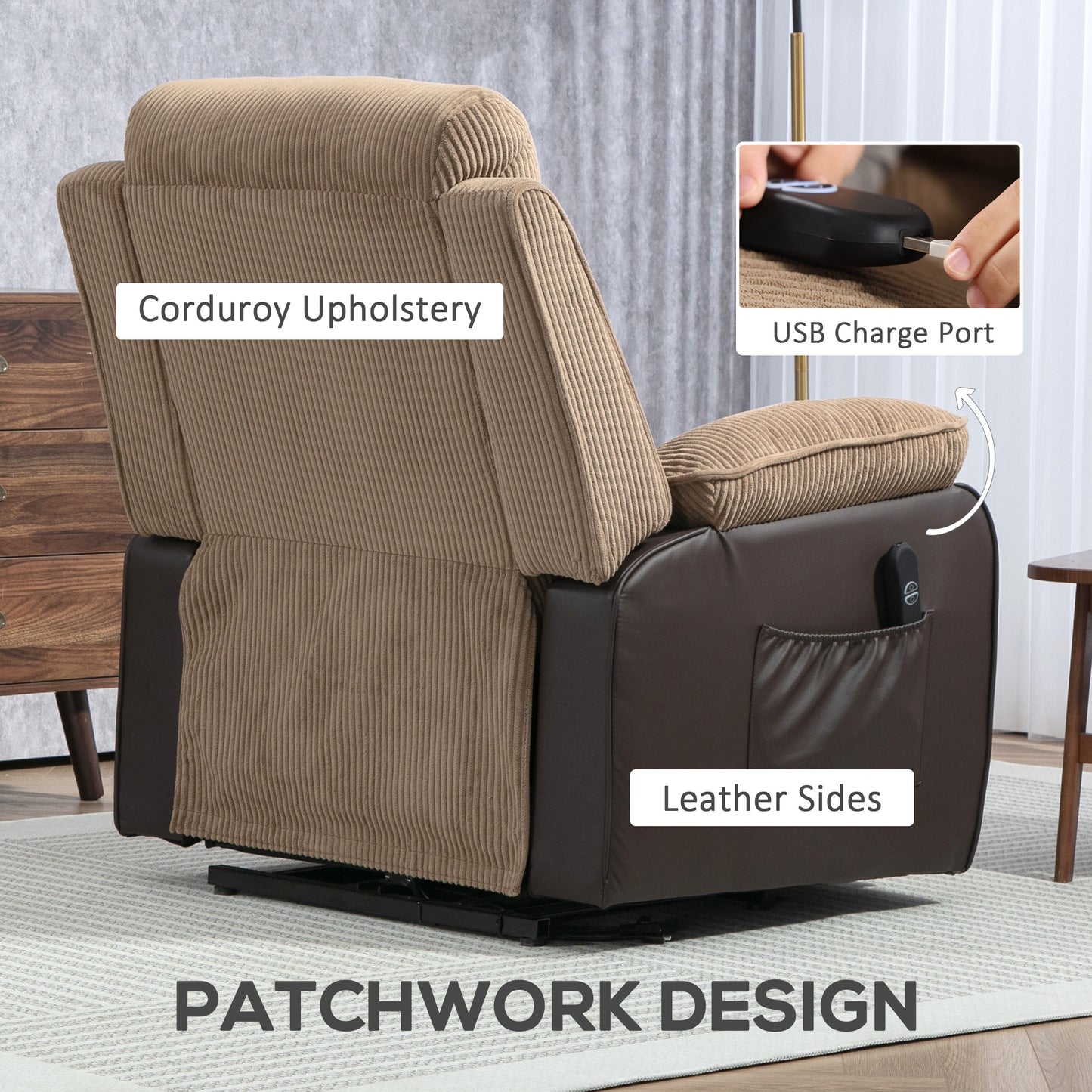 HOMCOM Power Lift Recliner Chair for Elderly, Patchwork Design Oversized Electric Riser and Recliner Armchair for Living Room with Remote Control, USB Port and 2 Side Pockets, Brown