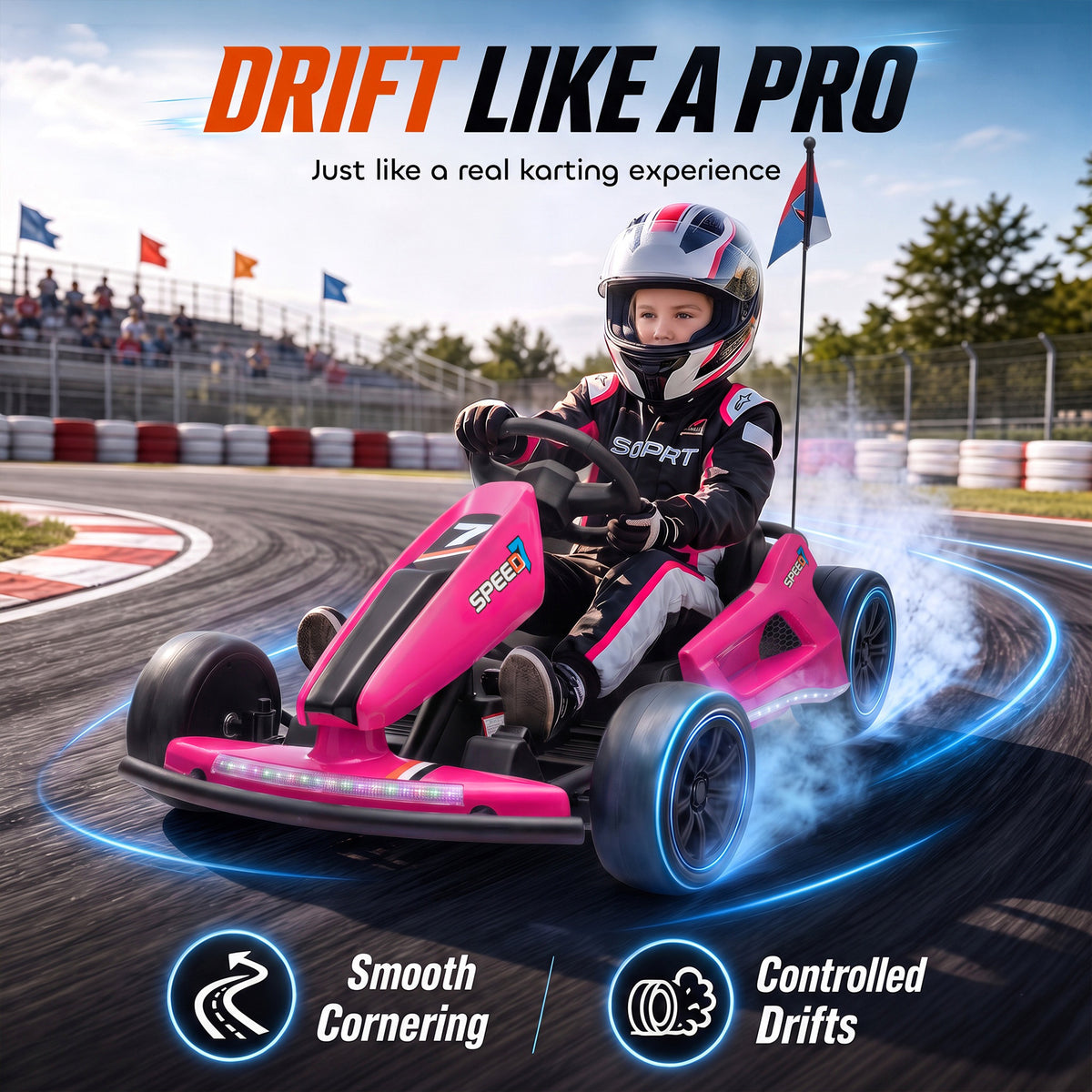 AIYAPLAY 24V Electric Drift Go Kart for Kids with Dual Motors, Soft Start, 12 KM/H High Speed, Headlight, for Ages 6-14, Pink