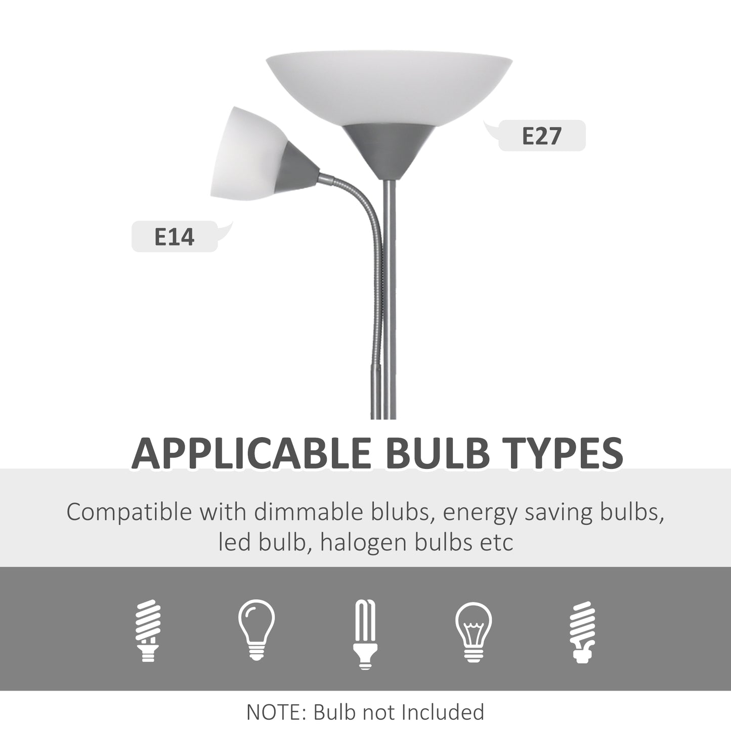 HOMCOM LED Floor Lamp for Living Room, 180cm Tall Standing Lamp, Mother and Child Uplighter with Adjustable Gooseneck, Silver Tone