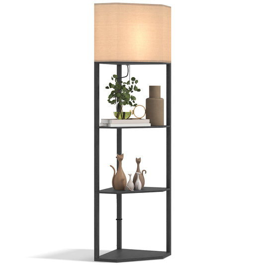 HOMCOM Corner Floor Lamp with Shelves, Tall Standing Lamps for Living Room, with Pull Chain Switch Bulb not Included, Black