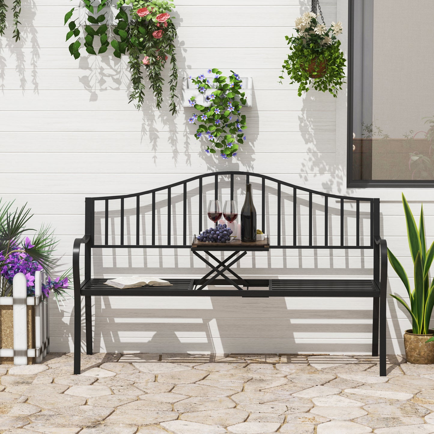 Outsunny Metal Bench W/Table, 150Lx53Wx95H cm
