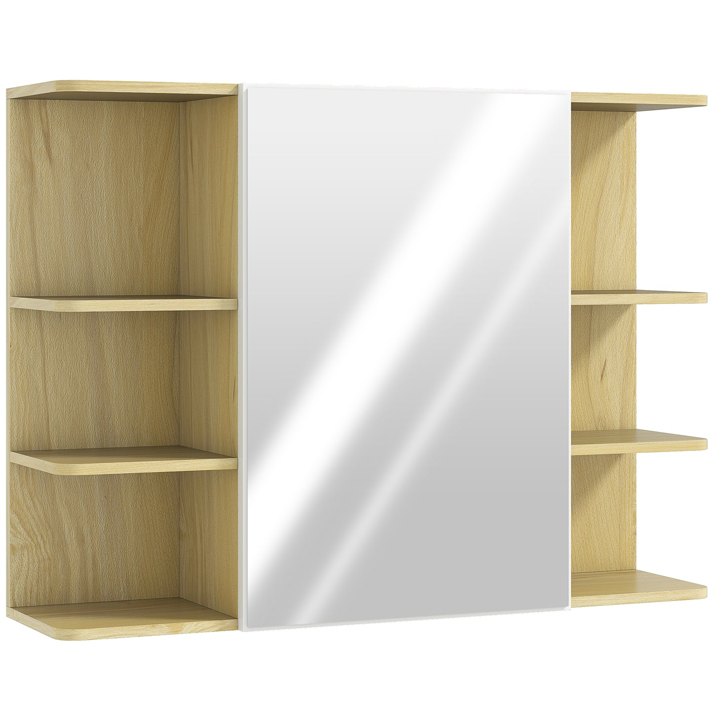 HOMCOM Bathroom Mirror Cabinet with Open Storage Shelves - Natural Wood Finish Default Title