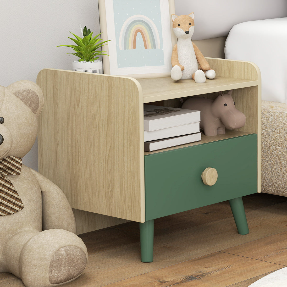 AIYAPLAY Kids Bedside Table with Drawer and Open Storage Shelf, Wooden Nightstand for Bedroom, Bedside Cabinet, Green