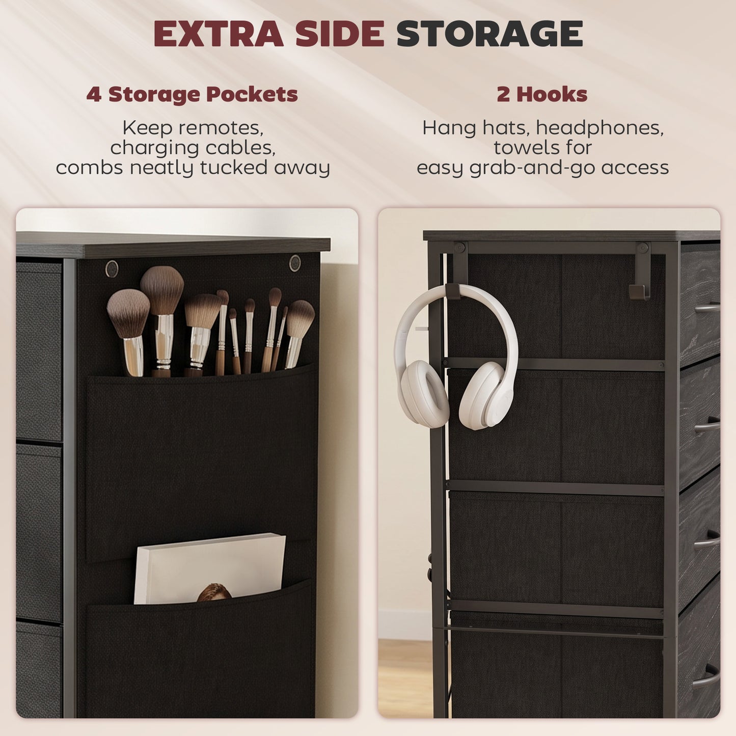HOMCOM Chest of Drawers, Dresser with 8 Fabric Drawers, Tall Storage Unit with 4 Pockets and 2 Hooks Steel Frame, Black