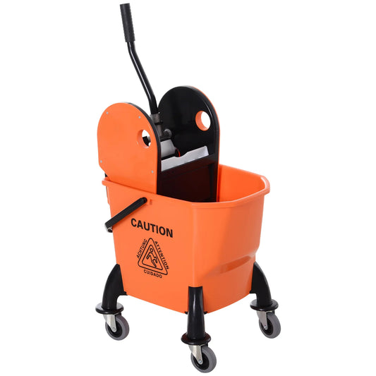 HOMCOM 25L Mop Bucket, with Wringer, Wheels and Handle - Orange - LiamsBargains.co.uk
