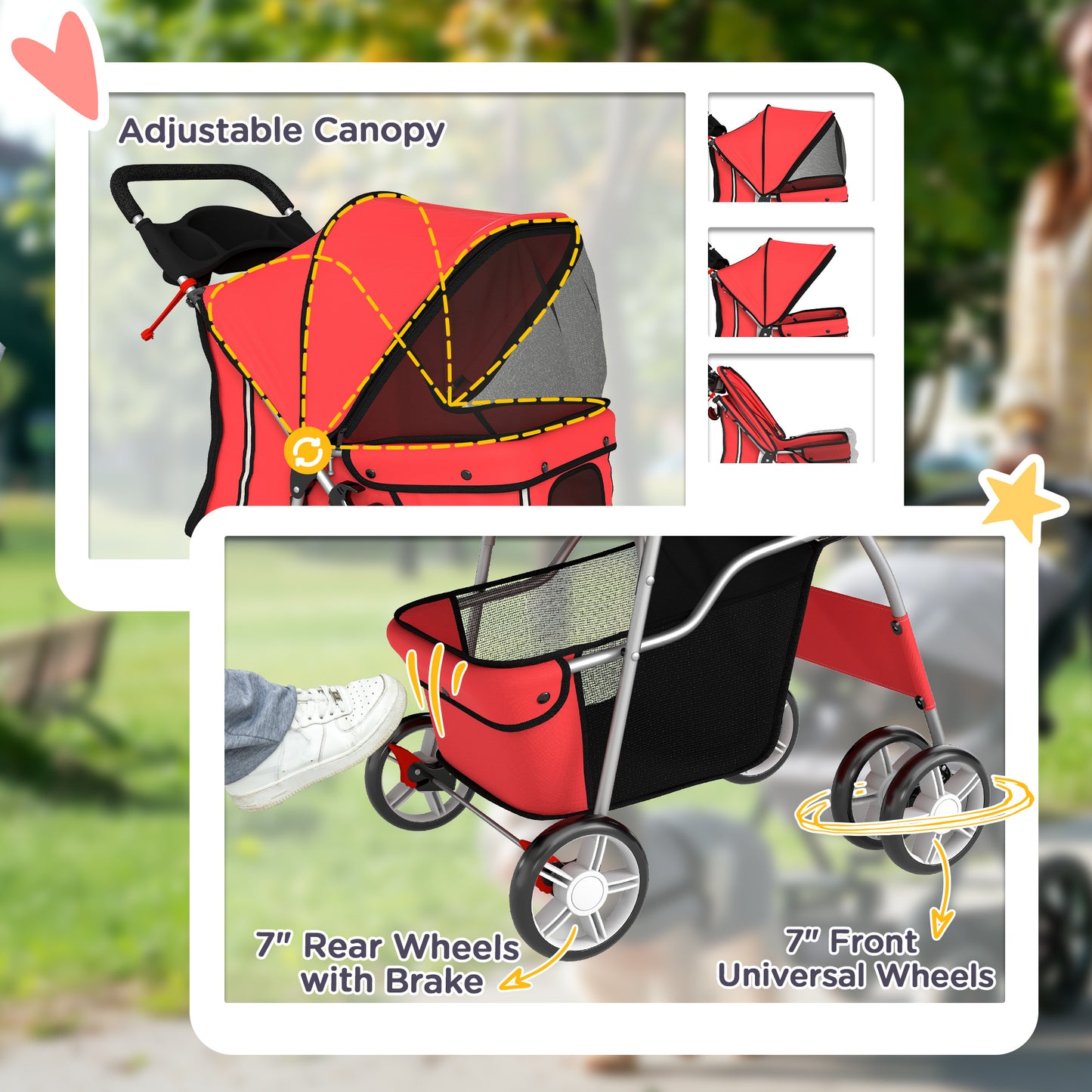 PawHut Dog Pram, Pet Stroller with Reflective Strips, Foldable Cat Stroller with 360Â° Swivel Wheels, Red