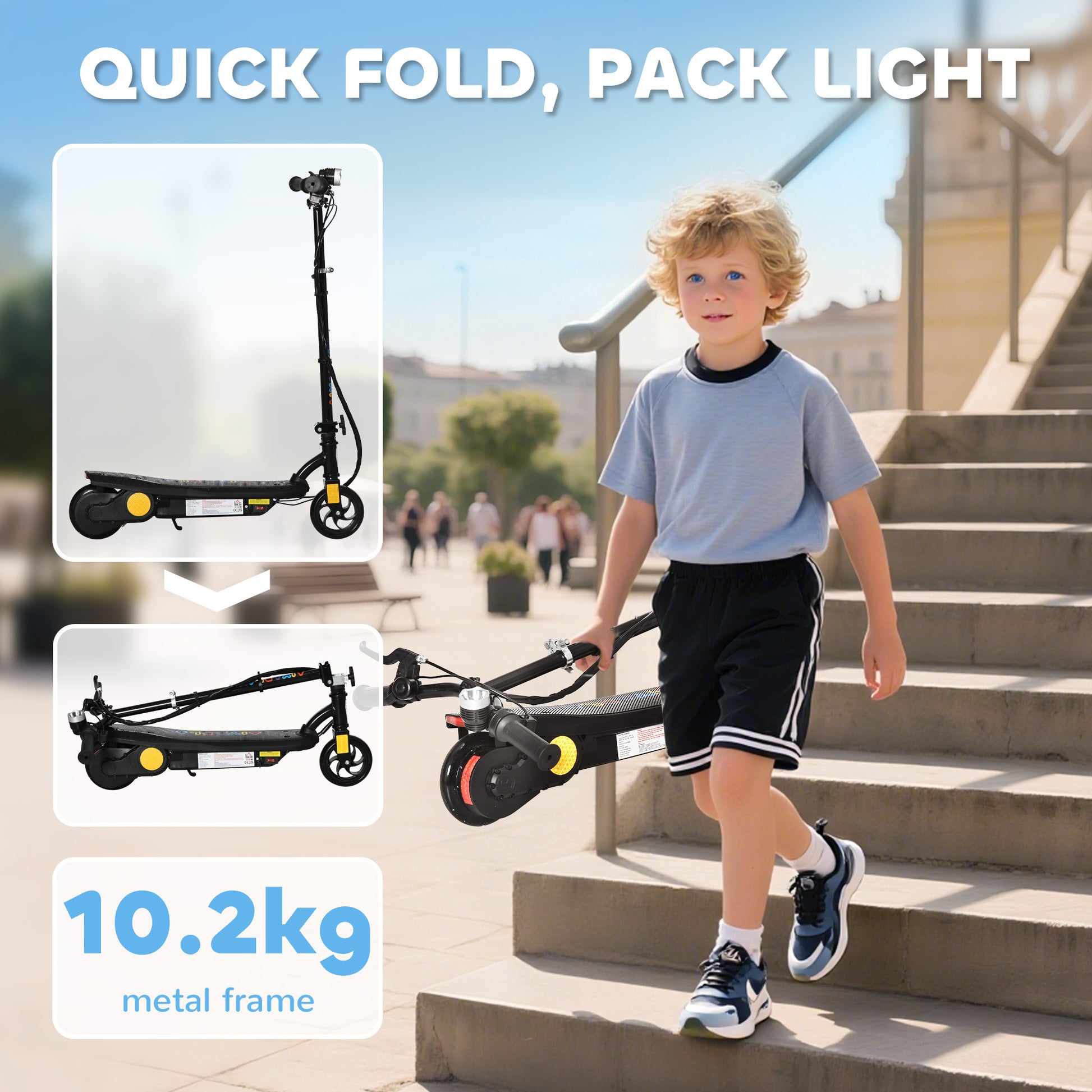 HOMCOM Foldable Electric Scooter, with LED Lights, for Ages 7-14 Years, Black