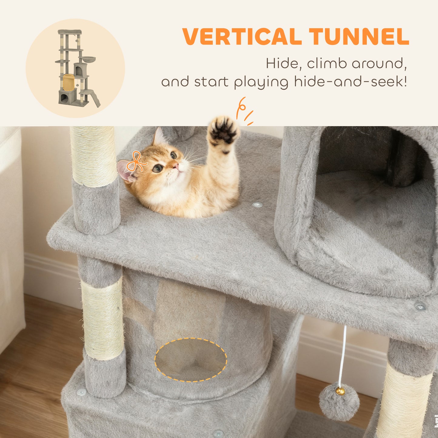 PawHut 170 cm Large Cat Tree, Cat Tower with 7 Scratching Posts, 2 Condos, Hammock, Light Grey