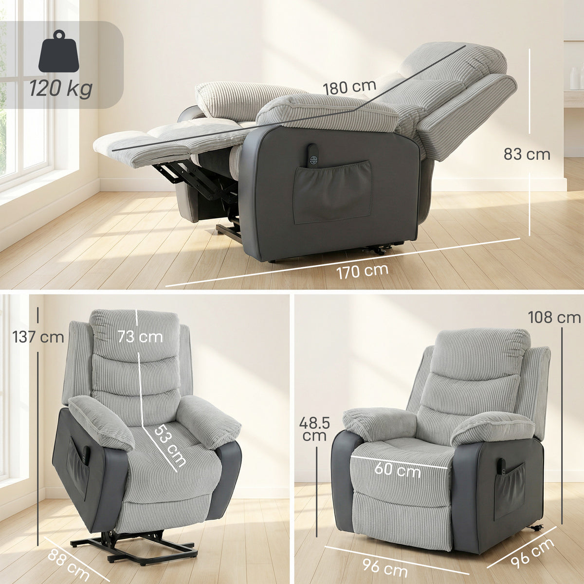HOMCOM Power Lift Chair for Elderly, Corduroy Recliner with Wide Seat, High Back, USB Port, Side Pockets, Light Grey