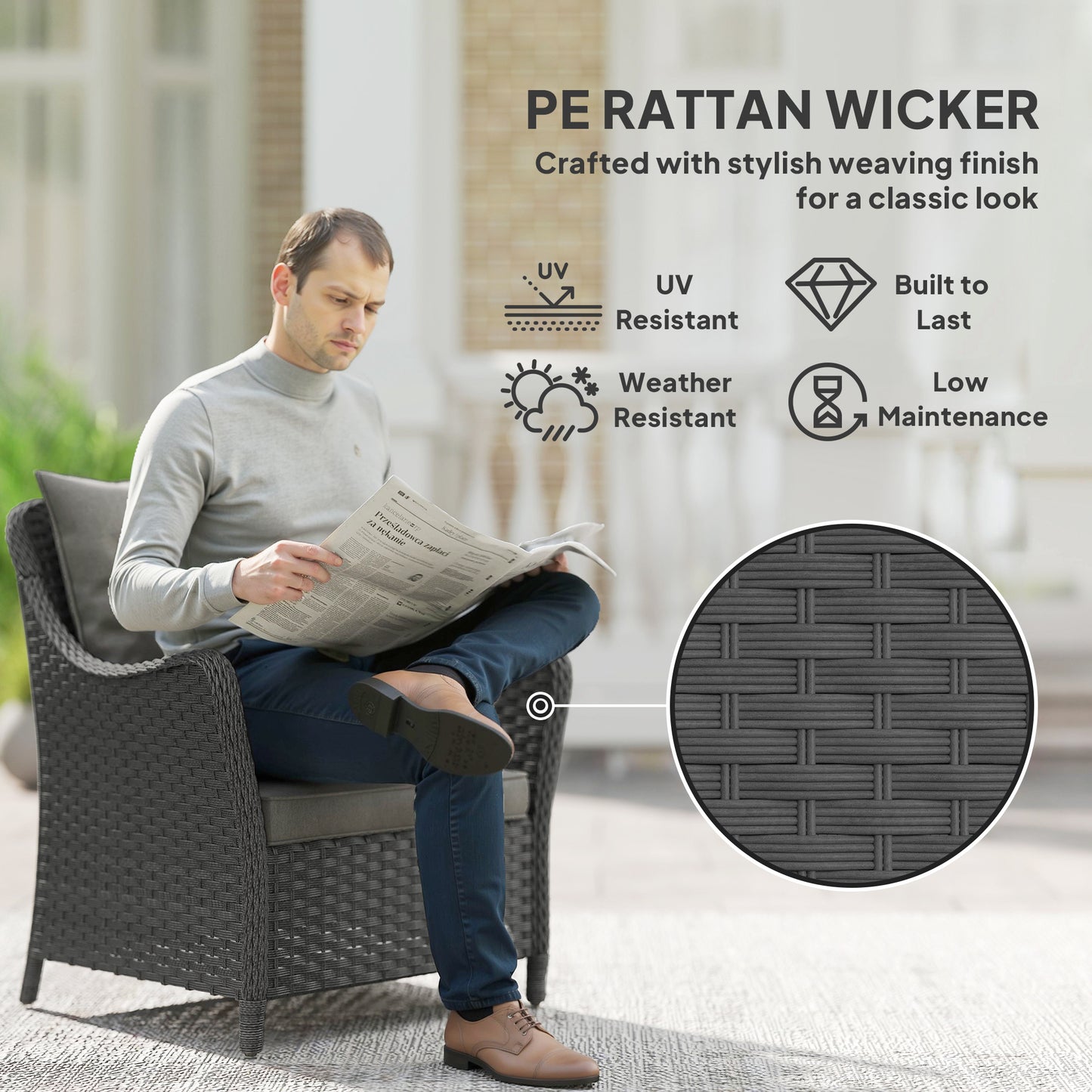 Outsunny Rattan Garden Chairs Set of 2, Outdoor Rattan Chairs with Cushions, Armrests and High Back, PE Wicker Garden Armchair with Steel Frame for Balcony, Porch, Dark Grey