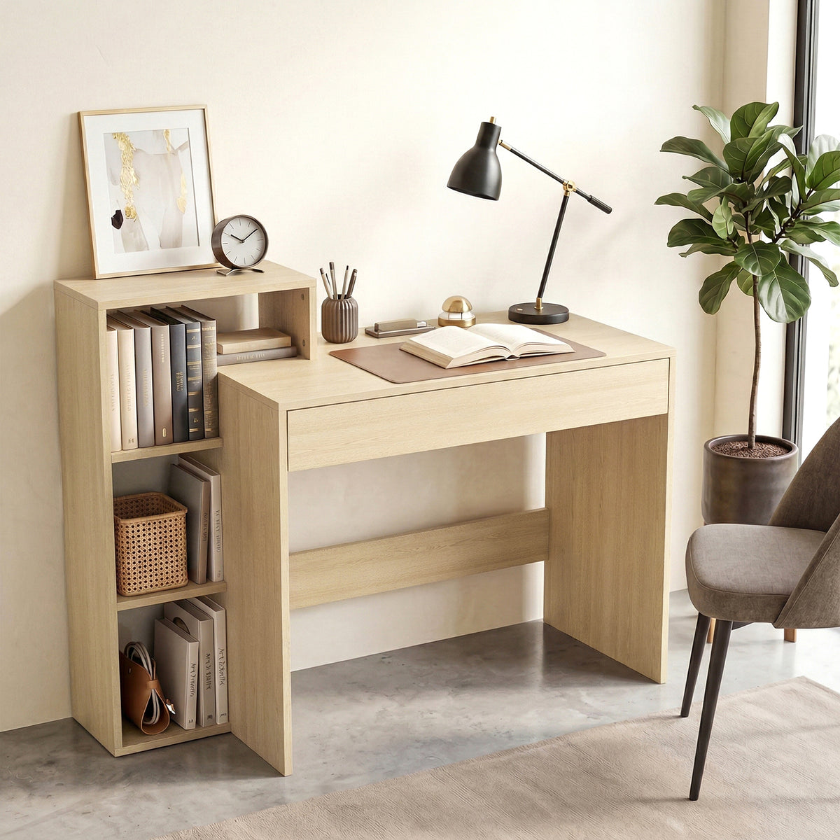 HOMCOM Desk with Storage, Computer Desk with 3 Open Shelves and Drawer, Workstation, Computer Table, Natural