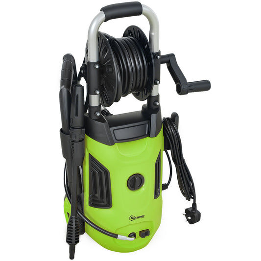 Outsunny 1800W HighÂ PressureÂ Washer, 150 Bar Pressure, 420 L/h Flow, Portable Power Washer Jet Wash Cleaner with Adjustable Nozzle, 6M Hose, Hose Reel, Steel Handle for Home Patio Car Driveway, Green