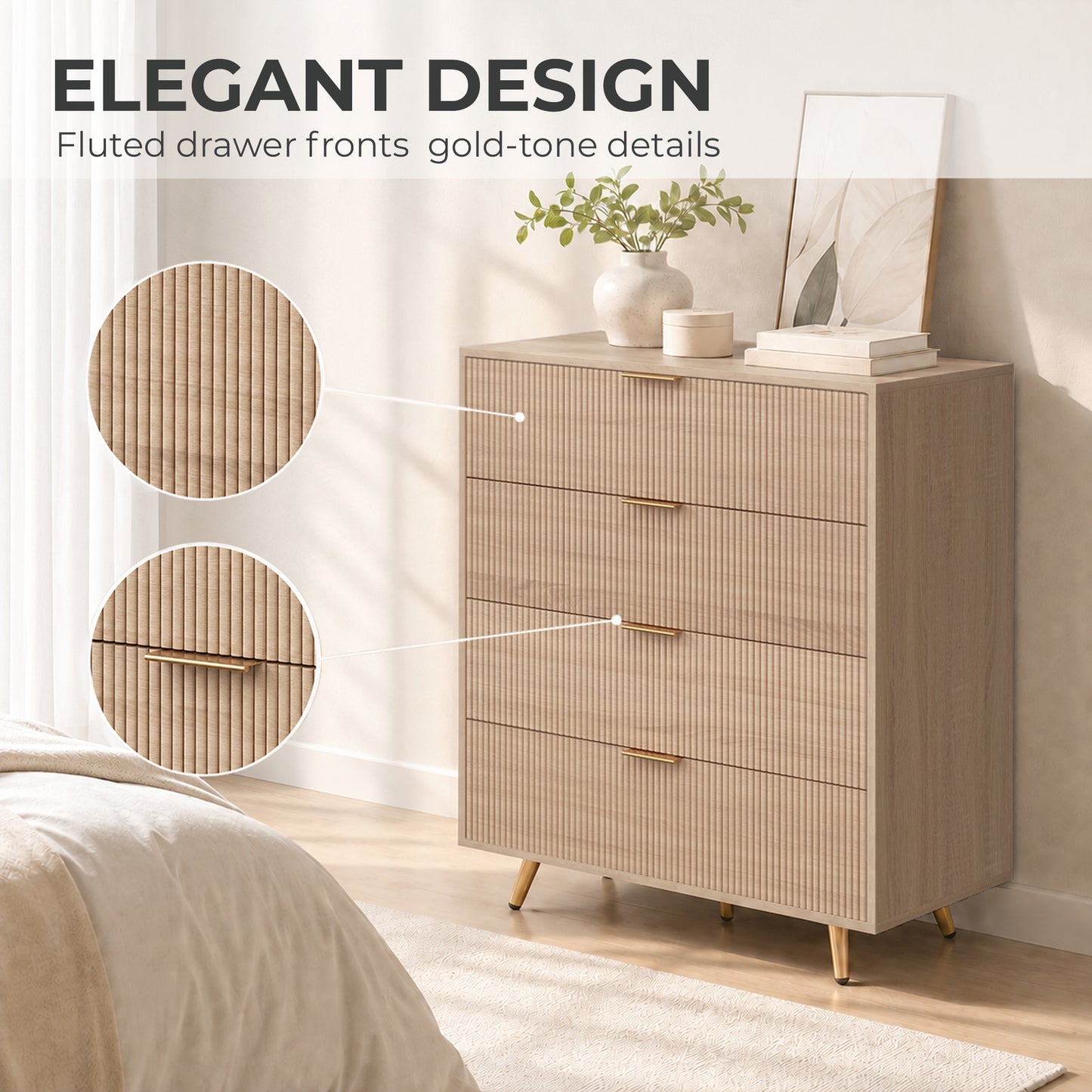 HOMCOM Bedroom Chest of Drawers with 4 Drawers, Fluted Dresser with Gold Tone Handles, Storage Cabinet, Natural