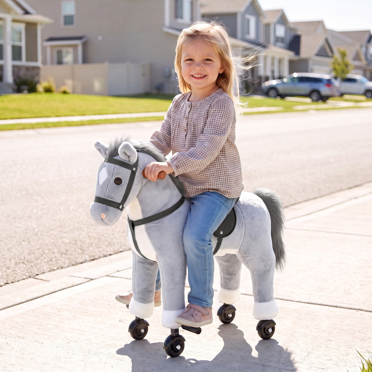 AIYAPLAY Rocking Horse, Plush Ride On Horse with Hoof Sounds, Music, Rolling Wheels and Pedal for 3-7 Years, Up to 50kg, Grey