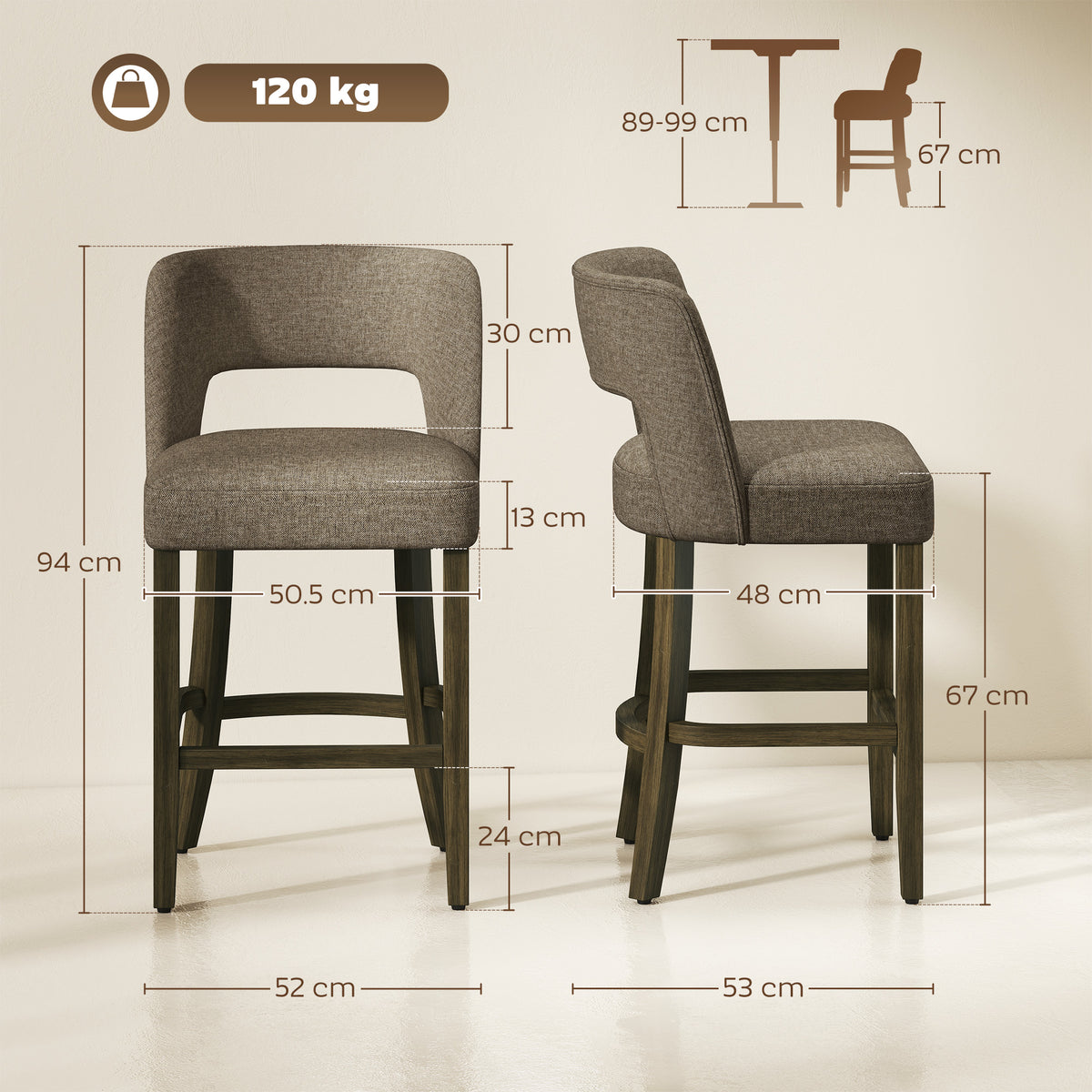 HOMCOM Bar Stools Set of 2, Counter Height Bar Stools with Curved Backrest, for Kitchen Island, Dining Room, Living Room, Brown