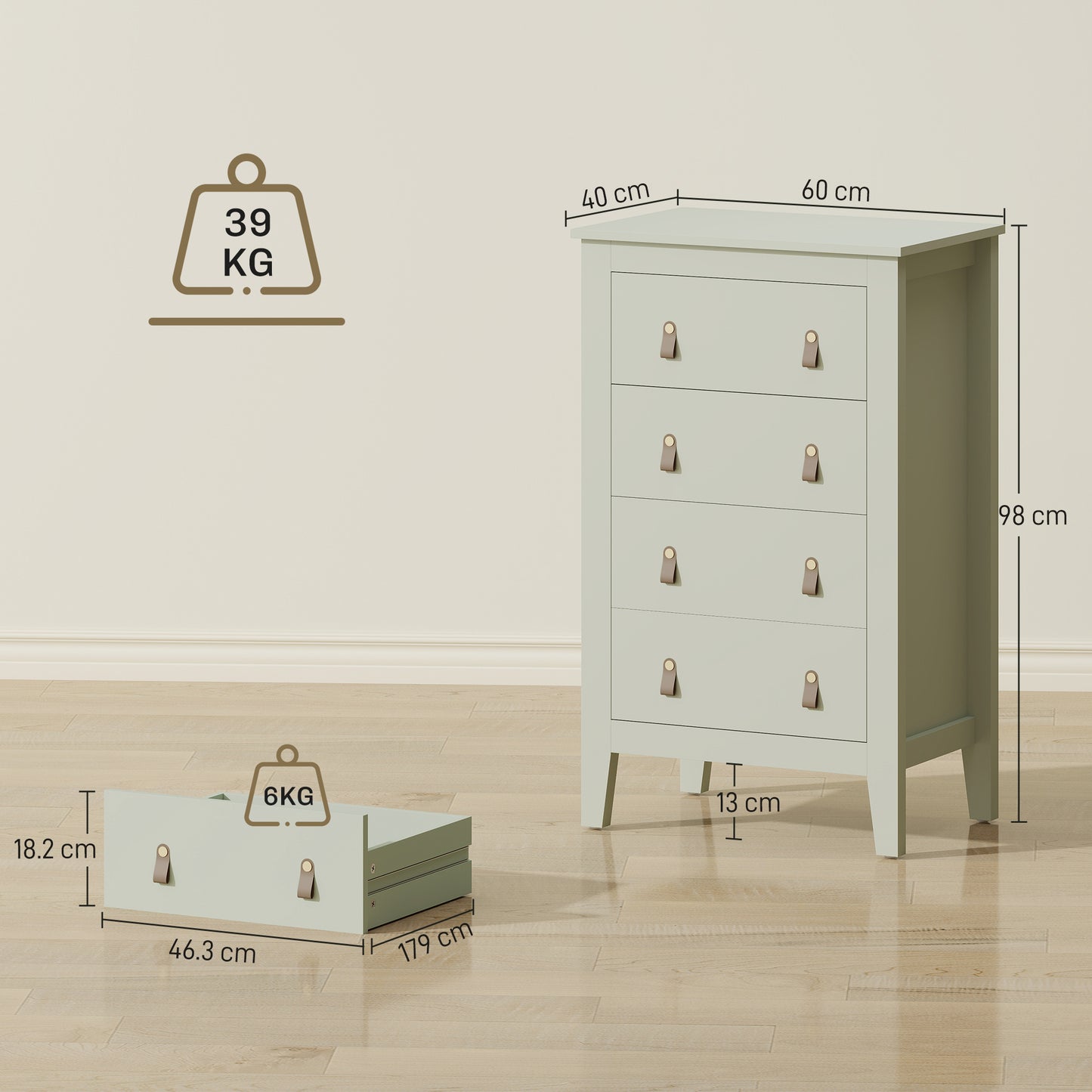 HOMCOM Bedroom Chest of Drawers, Modern 4 Drawer Dresser Cabinet with PU Leather Handles and Metal Runners for Living Room, Hallway, Entryway, 60 x 40 x 98 cm, Green