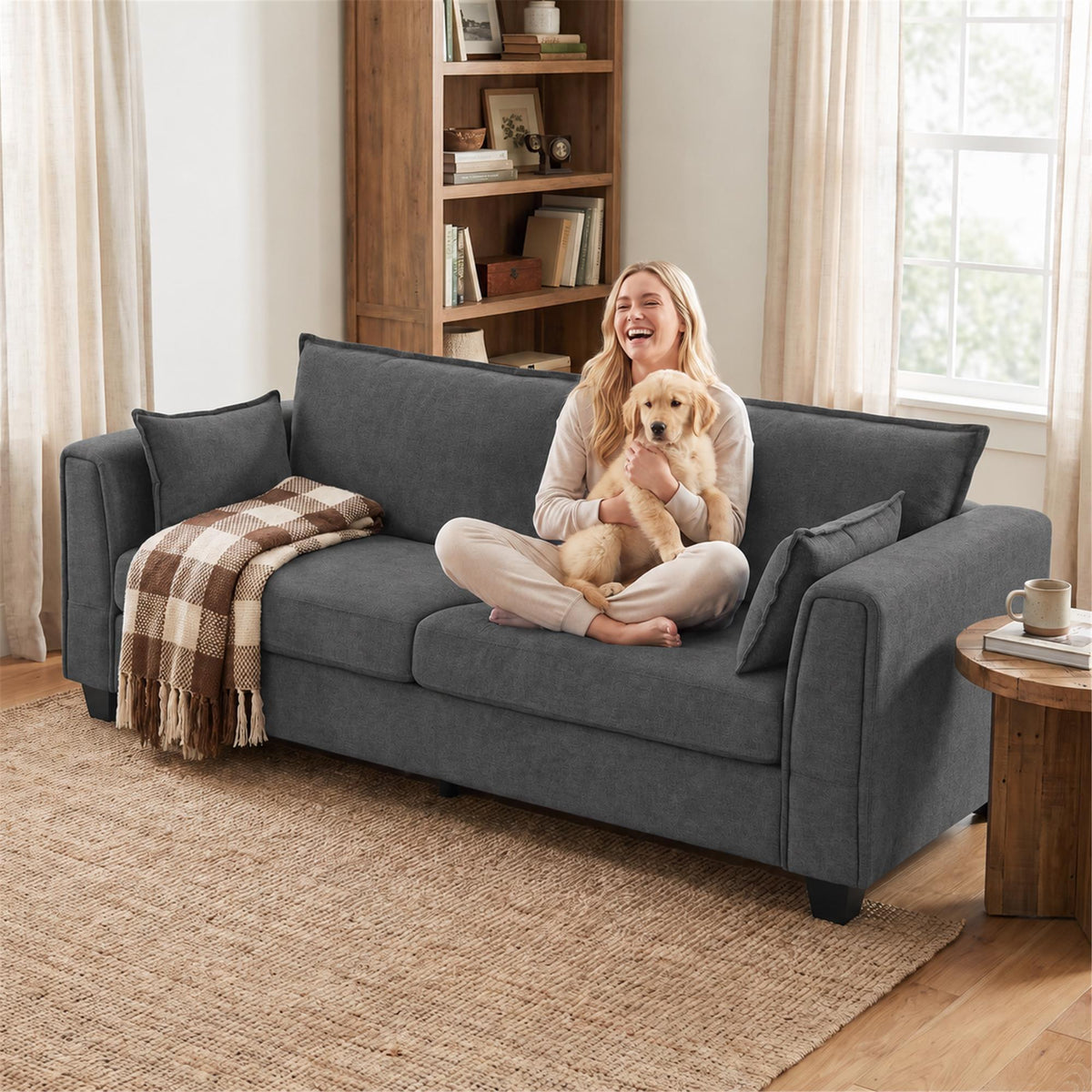 HOMCOM 3 Seater Sofa, Linen Upholstered Sofa Couch with Spring Cushions, Thick Padding, Wide Padded Armrests, Dark Grey