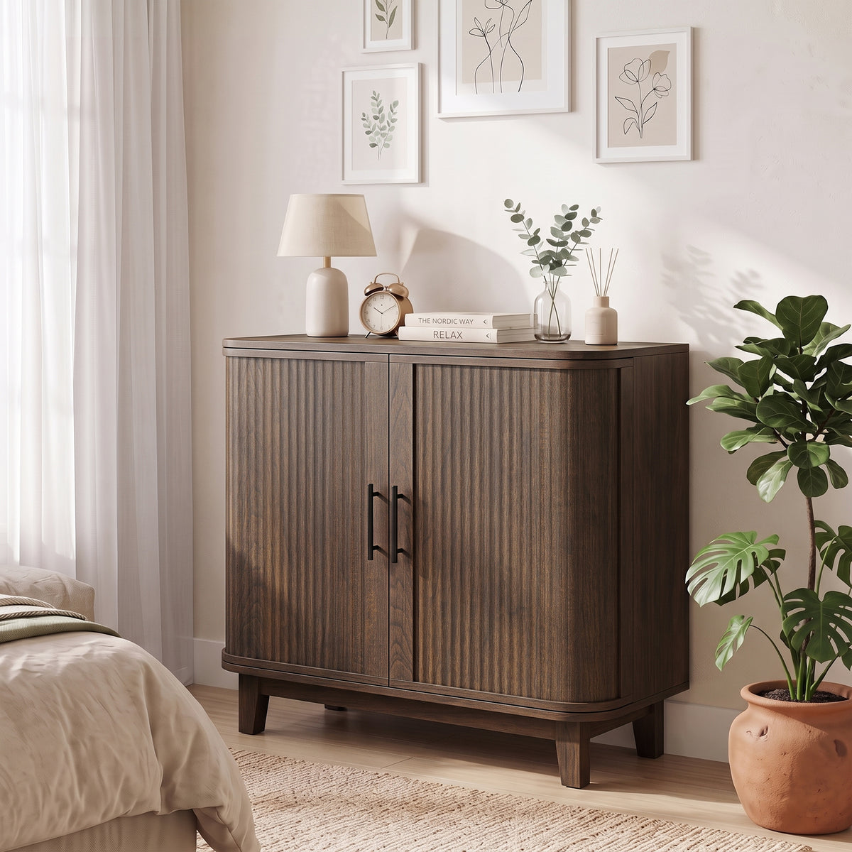 HOMCOM Sideboard Buffet Cabinet, Storage Cabinet with 2 Curved Doors, Adjustable Shelf and Legs for Dining Room, Dark Walnut
