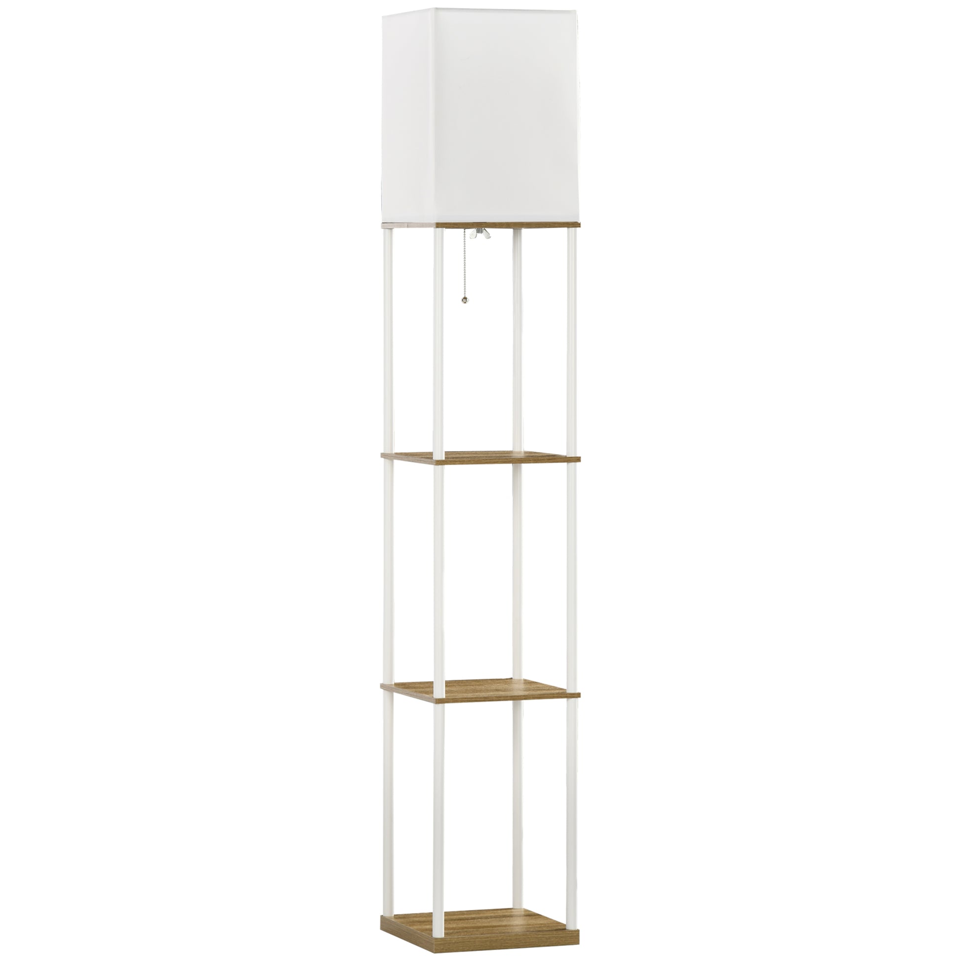 HOMCOM Modern Metal Floor Lamp with Shelves, 3 Layer Shelf Tall Standing Lamp with Fabric Lampshade, Pull Chain Switch for Living Room, Bedroom, Bulb not Included, White