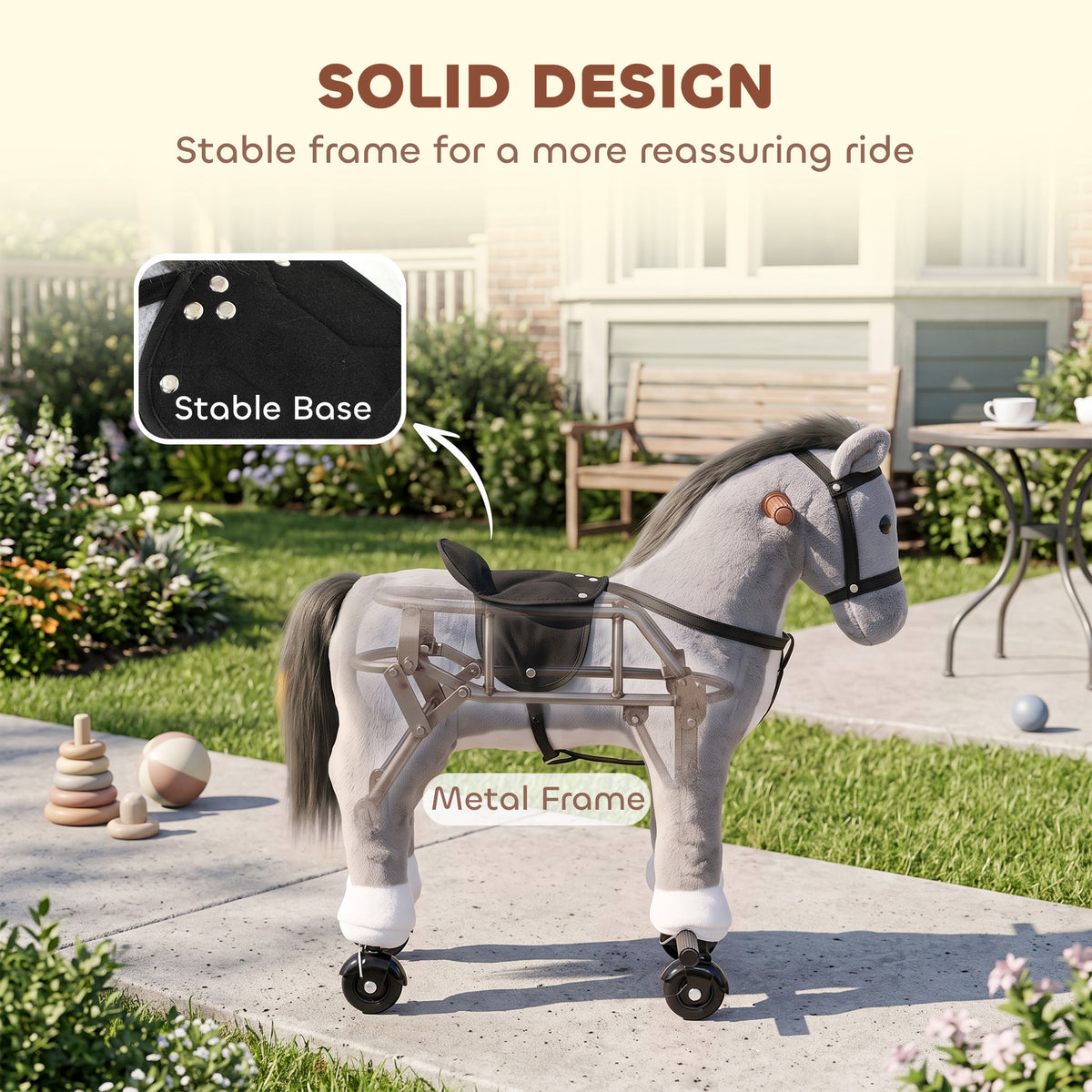 AIYAPLAY Rocking Horse, Plush Ride On Horse with Hoof Sounds, Music, Rolling Wheels and Pedal for 3-7 Years, Up to 50kg, Grey
