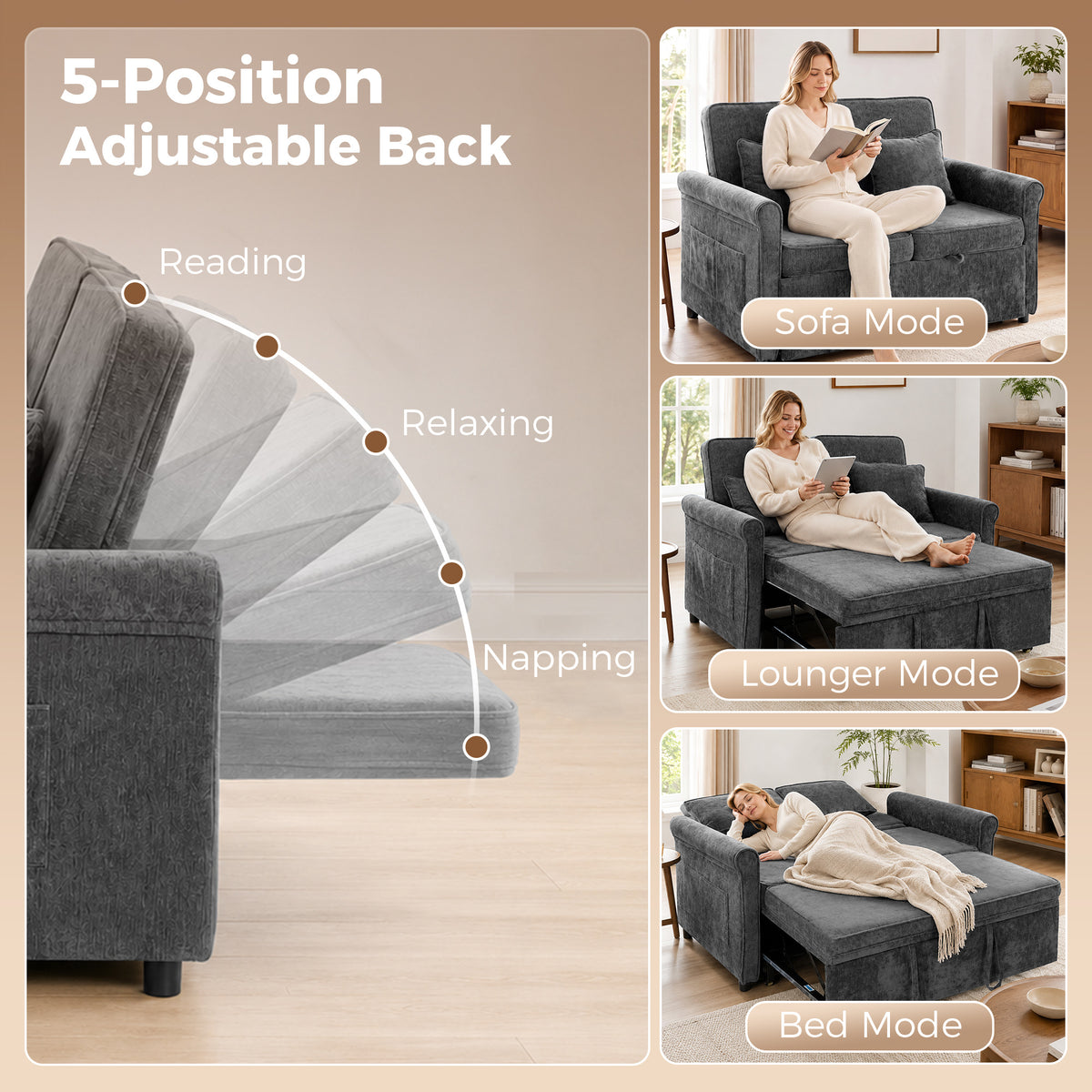 HOMCOM 2 Seater Sofa Bed 3-in-1 Convertible Chenille Pull Out Sleeper Sofa with 5-Position Adjustable Backrest, Grey