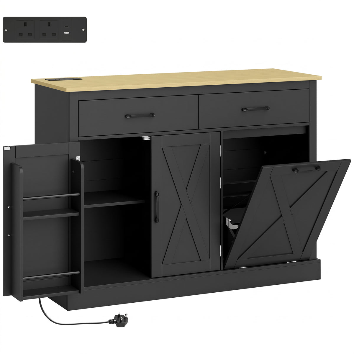 HOMCOM Tilt Out Trash Cabinet with Charging Station, Kitchen Island with Storage, 57 Liter Hidden Rubbish Bin Storage, Black